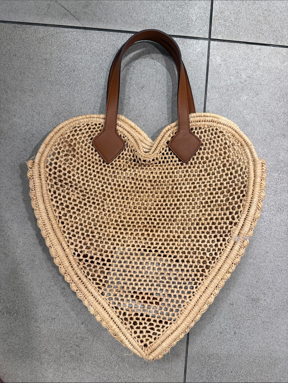 Heart-Shaped Woven Tote in Natural with Brown Handles